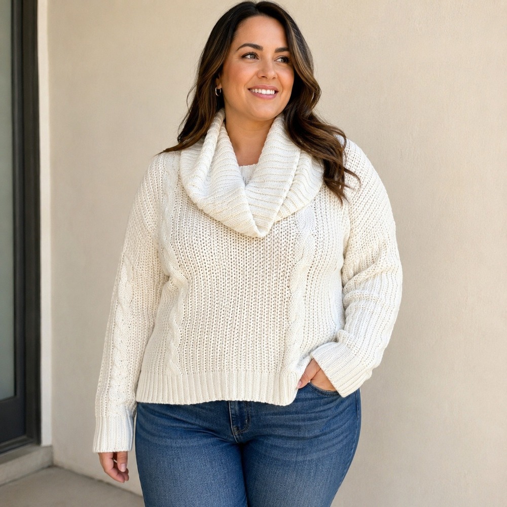 Talbots Plus Cable Knit Sweater Vest Cowl Neck Cream White Cotton 2X